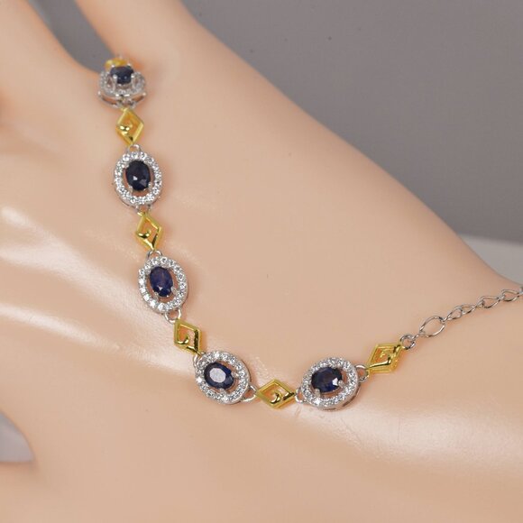 Natural Blue Sapphire 925 Sterling Silver Bracelet 7" - Picture 1 of 4